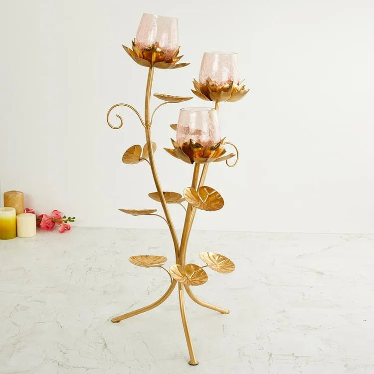 3 Lotus Floor Candle Stand Gold