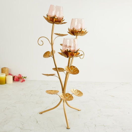 3 Lotus Floor Candle Stand Gold