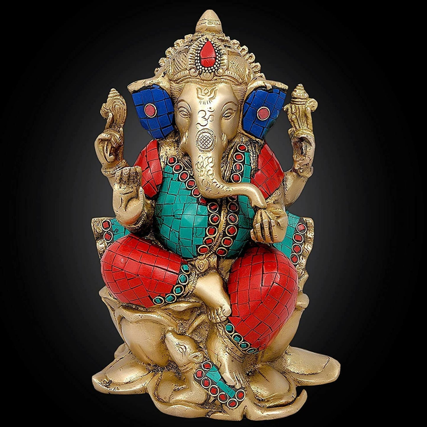 10" Brass Ganesha Statue- Hindu Religious Success God Chaturbuj Ganesh Ganpati Handmade Sculpture - Home Decor & Spiritual Showpiece - ArtyCraftz.com