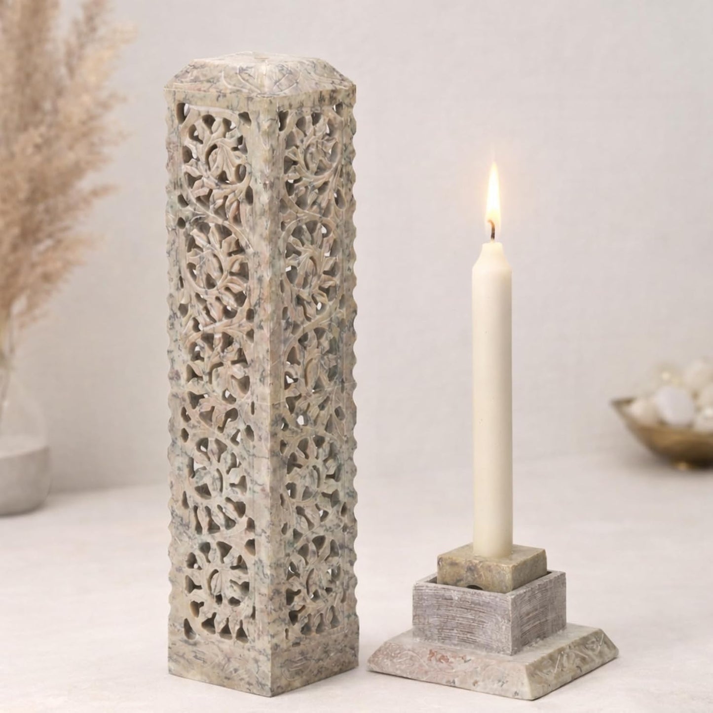 11 inch marble soapstone incense burner with carved desig-ArtyCraftz.com