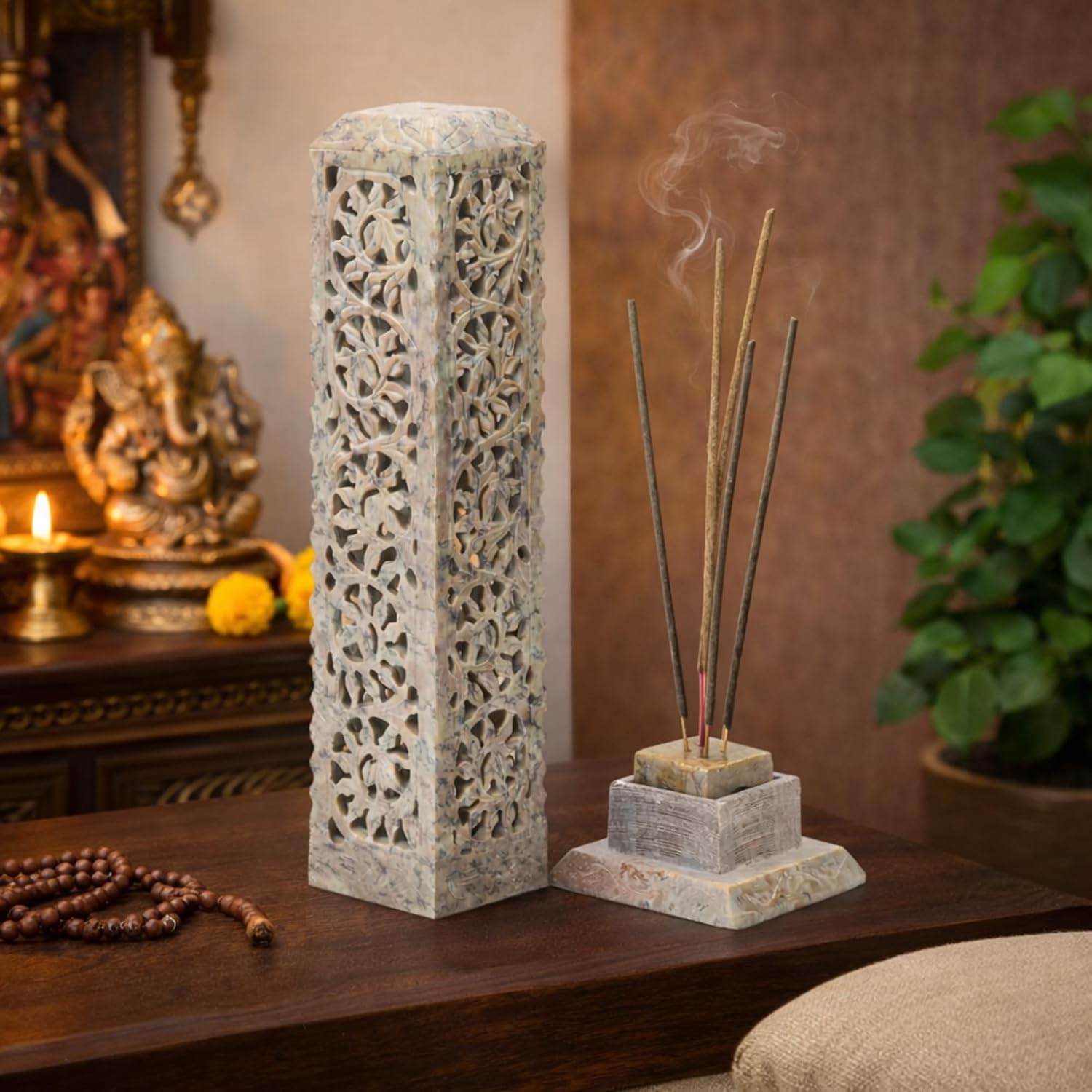 11 inch marble soapstone incense burner with carved desig-ArtyCraftz.com