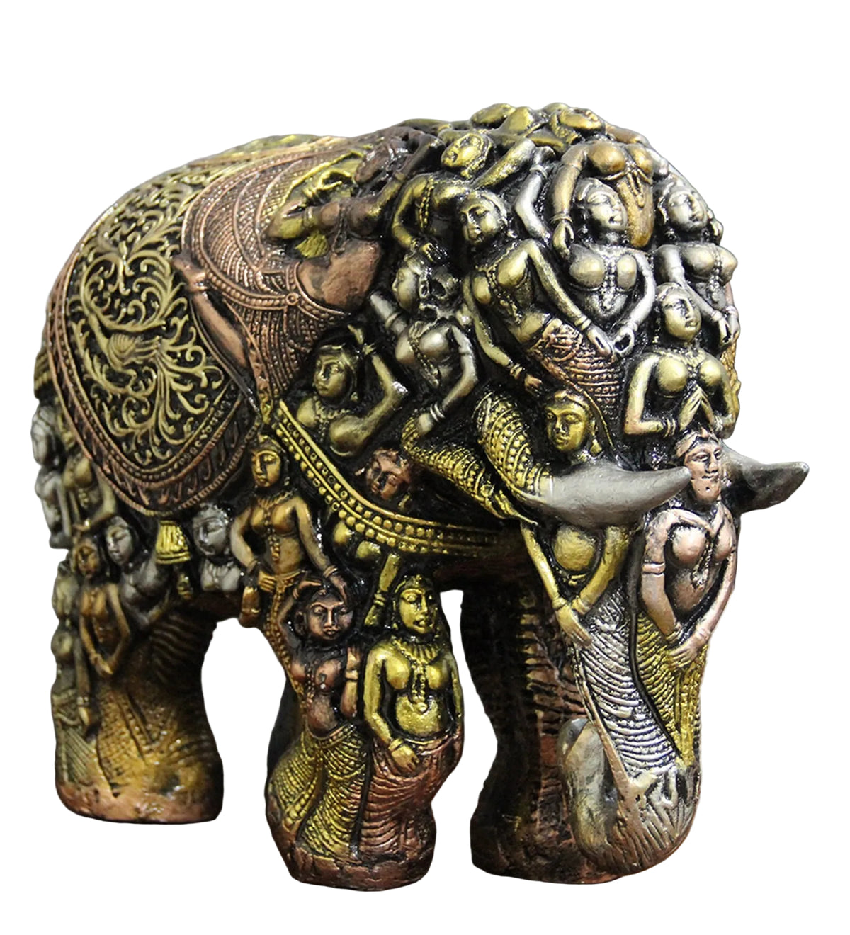 14 Inch Resin Elephant Statue with Intricate Sculpted Figures and Antique Multicolor Finish-artycraftz.com