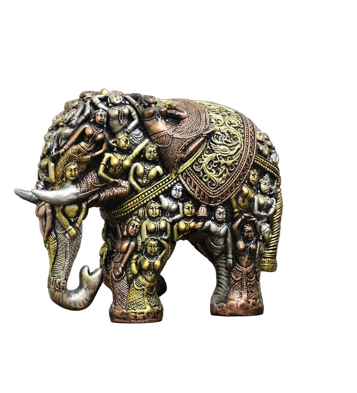 14 Inch Resin Elephant Statue with Intricate Sculpted Figures and Antique Multicolor Finish-artycraftz.com