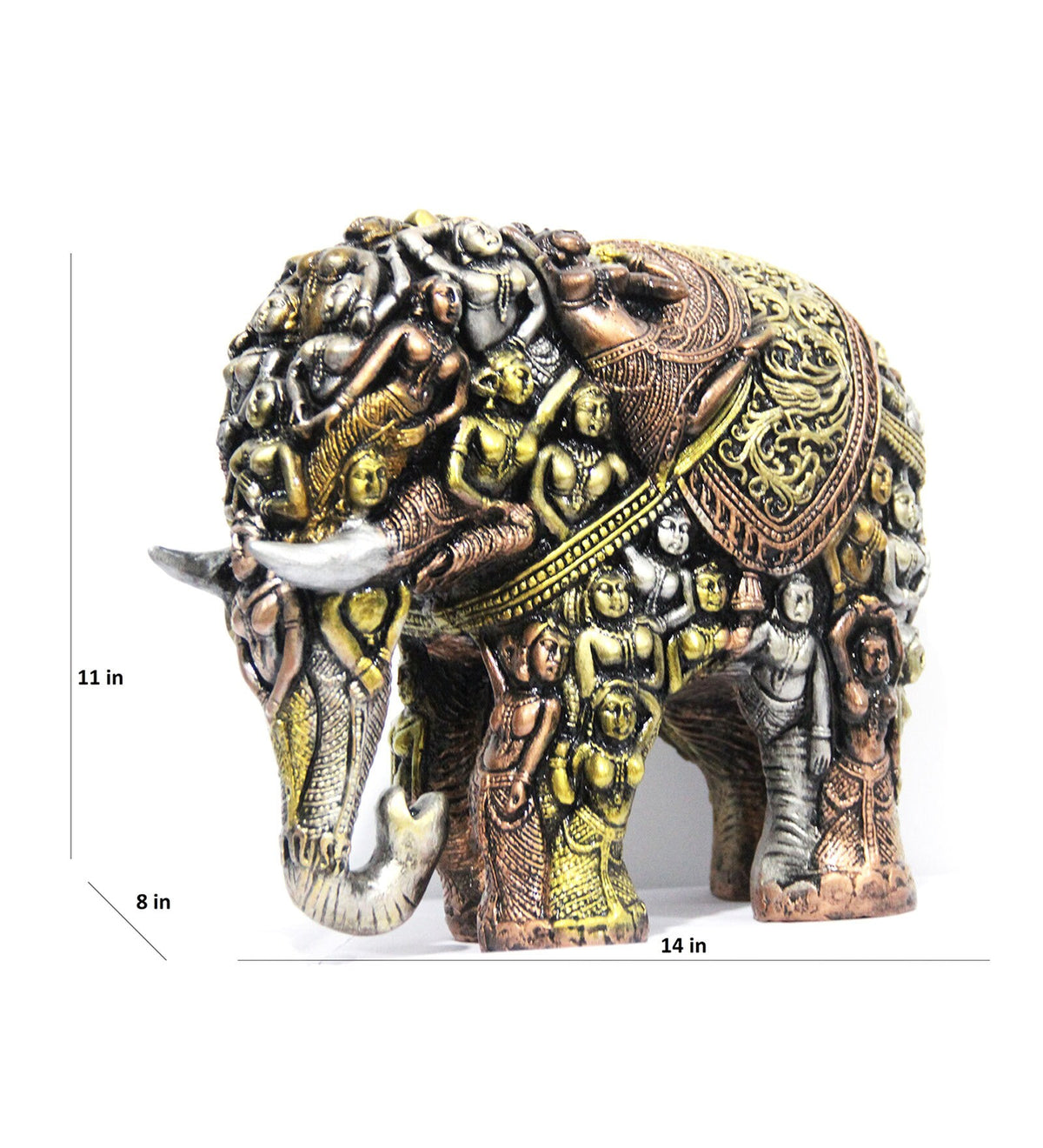 14 Inch Resin Elephant Statue with Intricate Sculpted Figures and Antique Multicolor Finish-artycraftz.com
