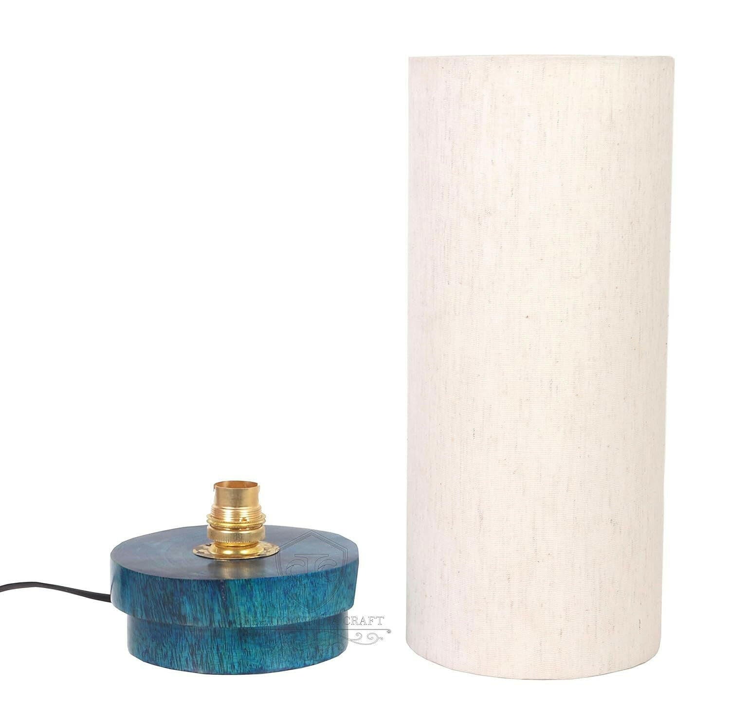 14 Inch Round Turqouise Base Mango Wood Table Lamp - ArtyCraftz.com