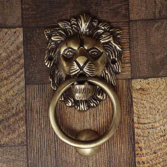 Lion Face Brass Door Knocker (Antique, 7 Inch Face)