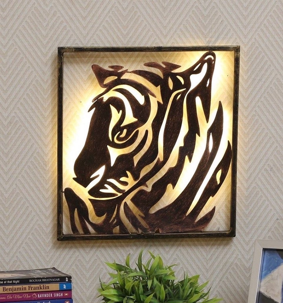 Wrought Iron Tiger Frame Wall Art With LED