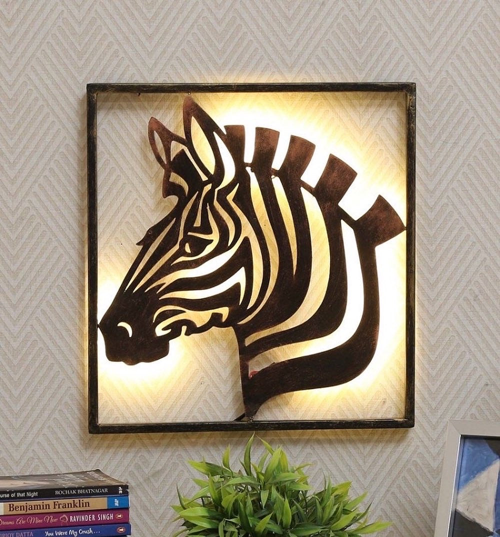 Wrought Iron Zebra Frame Wall Art With LED In Brown