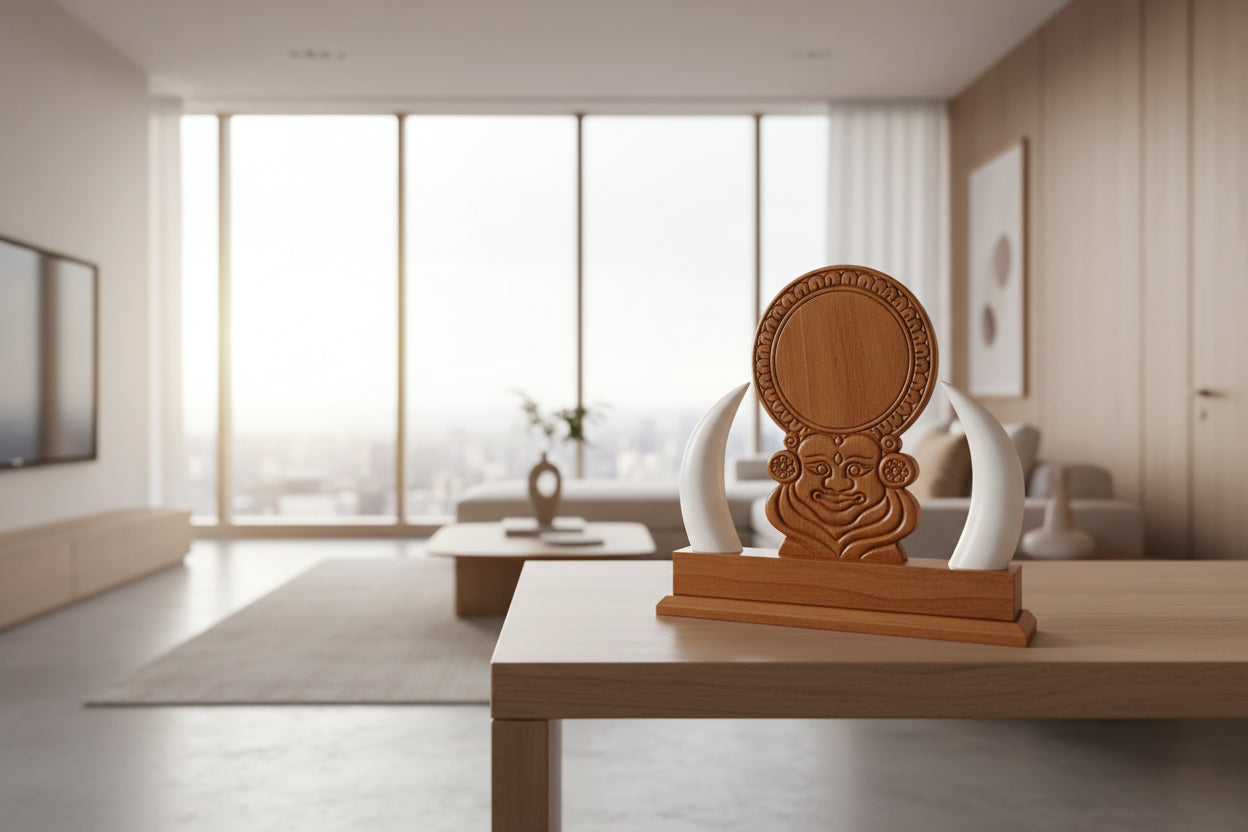 Wooden Kathakali Face Table Decor with Curved White Tusks-ArtyCraftz.com