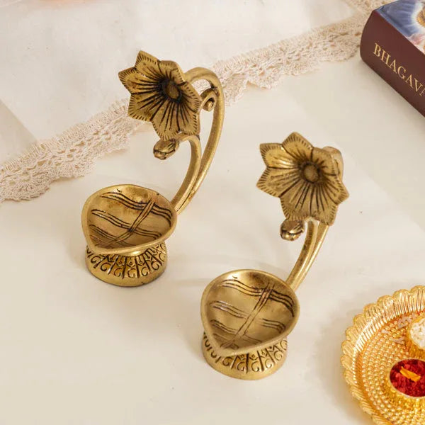 Handcrafted Pure Brass Diya with Flower Handle
