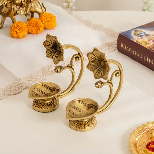Handcrafted Pure Brass Diya with Flower Handle