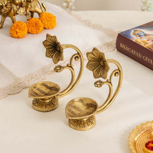 Handcrafted Pure Brass Diya with Flower Handle