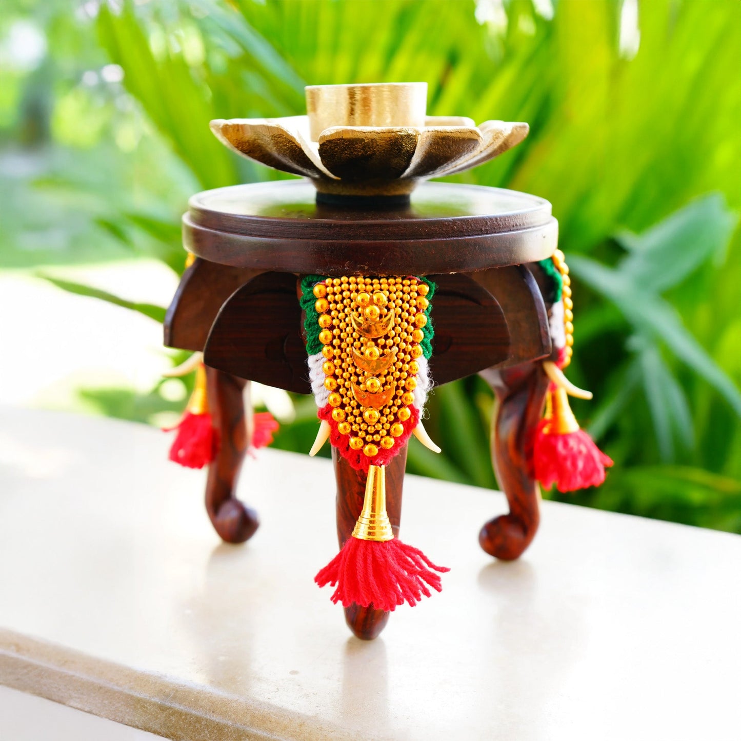 Traditional Three-Headed Wooden Pooram Elephant Stool with Nettipattam