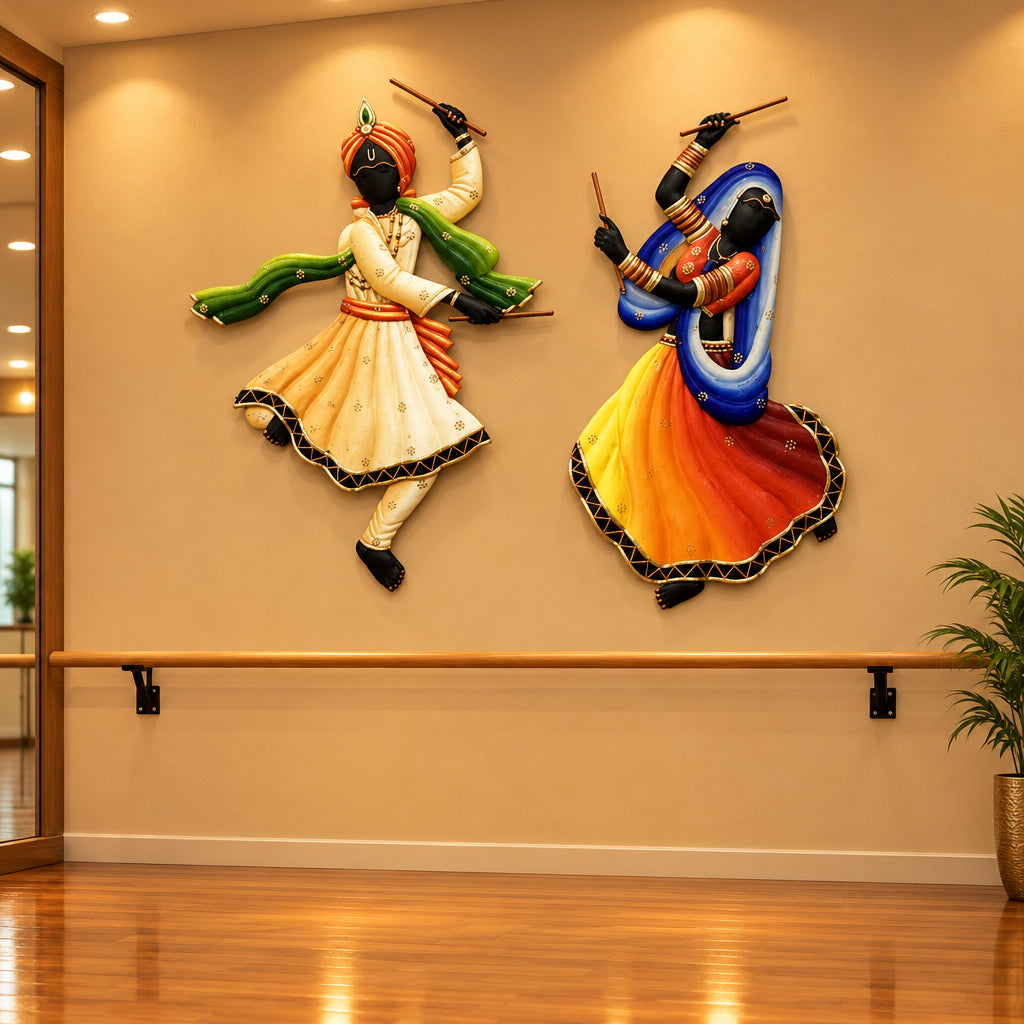 20 Inch Iron Dandiya Dancers Wall Art with Colorful Traditional Figures-artycraftz.com