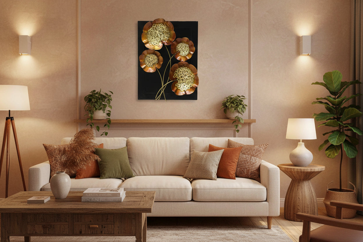 20 x 15 inch metal floral panel wall art with gold flower details-ArtyCraftz.com