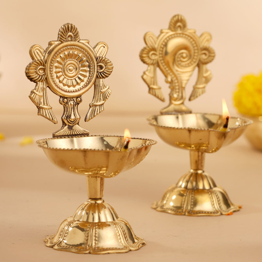 Brass Shankh Chakra Diya Set