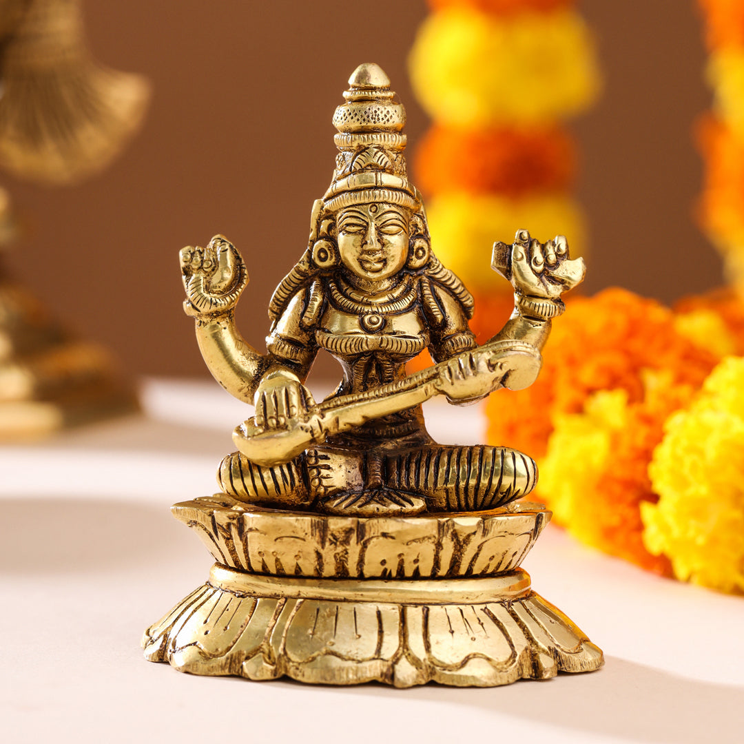 Brass Goddess Saraswati On Lotus Statue