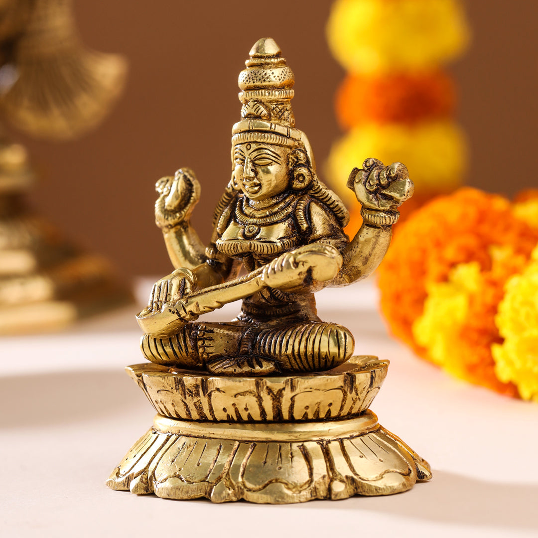 Brass Goddess Saraswati On Lotus Statue