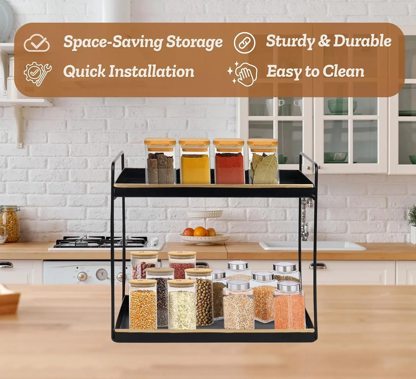 Black metal spice rack with jars of spices on a kitchen counter, featuring text about storage benefits.