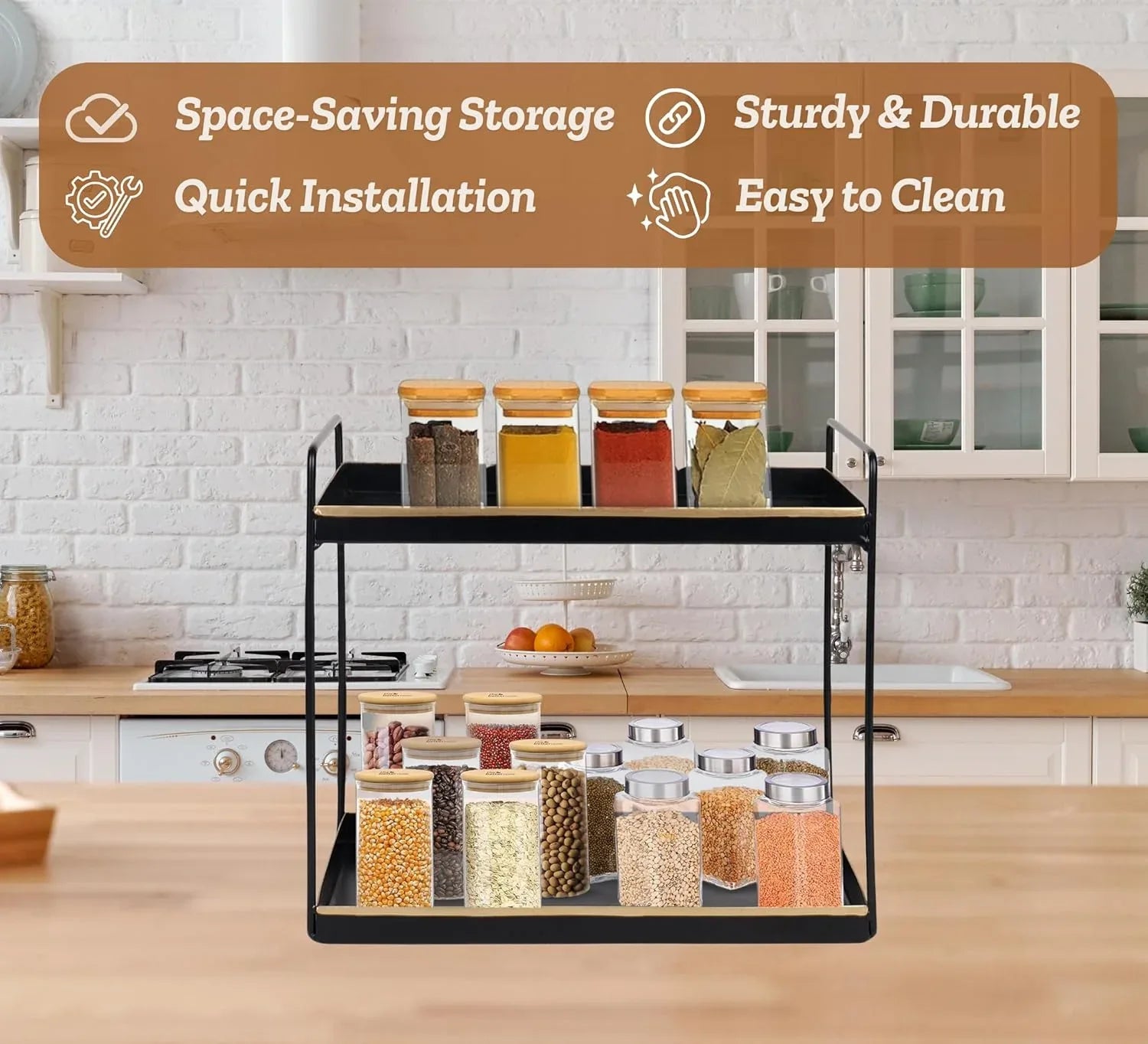 Black metal spice rack with jars of spices on a kitchen counter, featuring text about storage benefits.