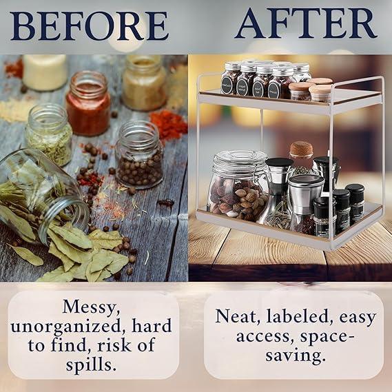 Comparison of messy spice jars with a labeled shelf system on a wooden surface.