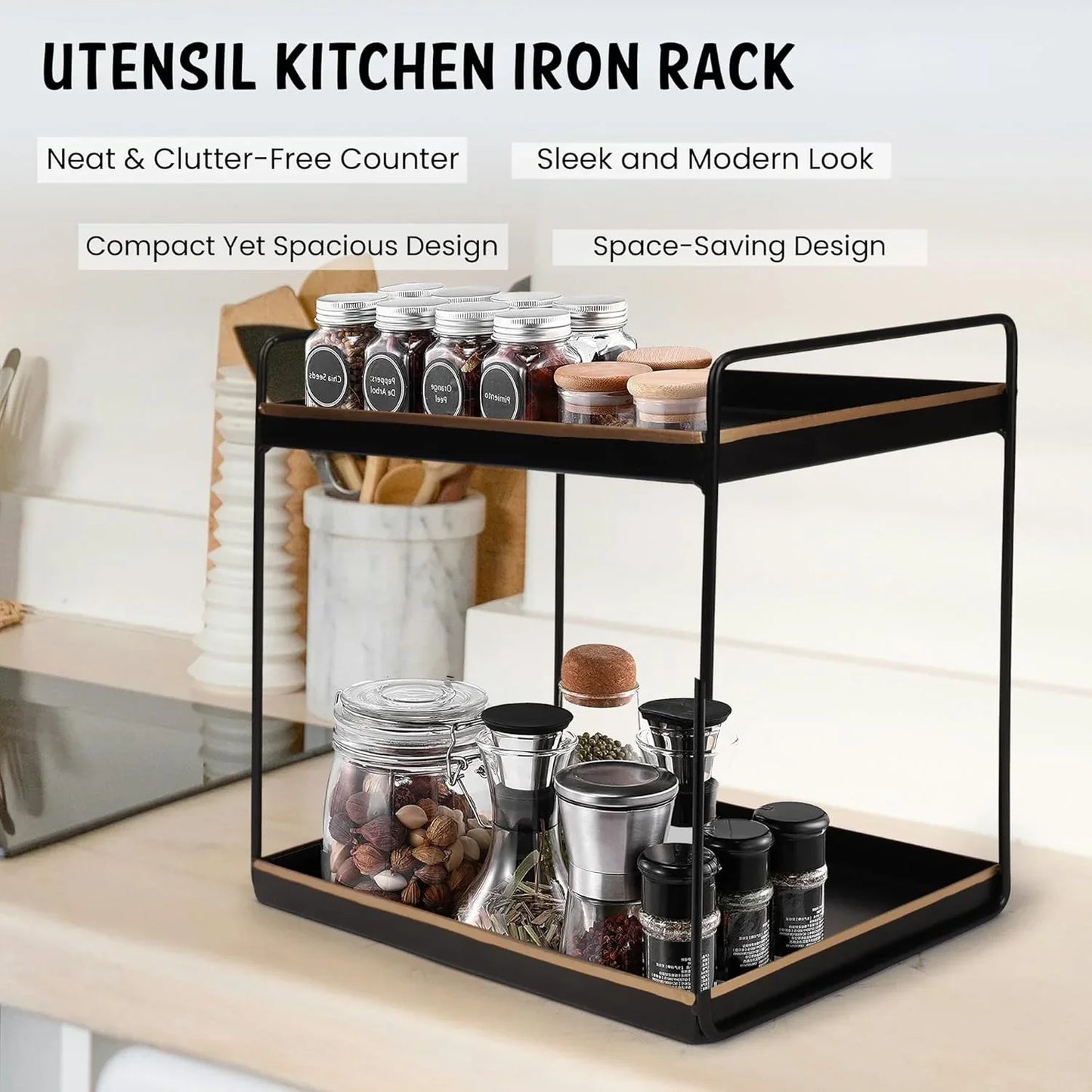 Kitchen iron rack with jars and utensils on a countertop, featuring text about its benefits.
