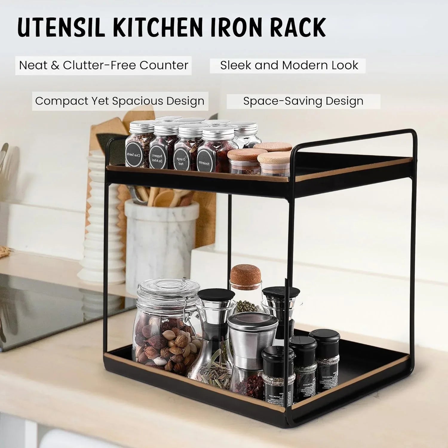 Kitchen iron rack with jars and utensils on a countertop, featuring text about its benefits.