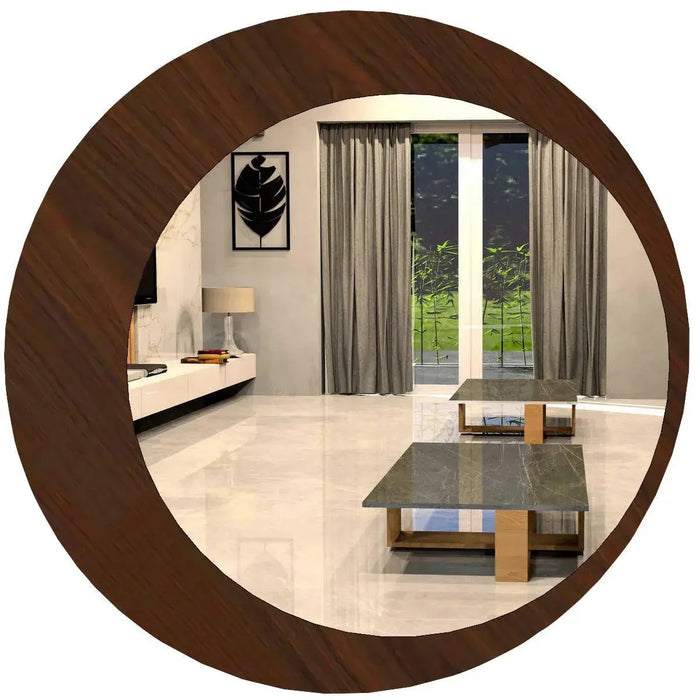 Modern living room with a round wooden mirror reflecting the interior.