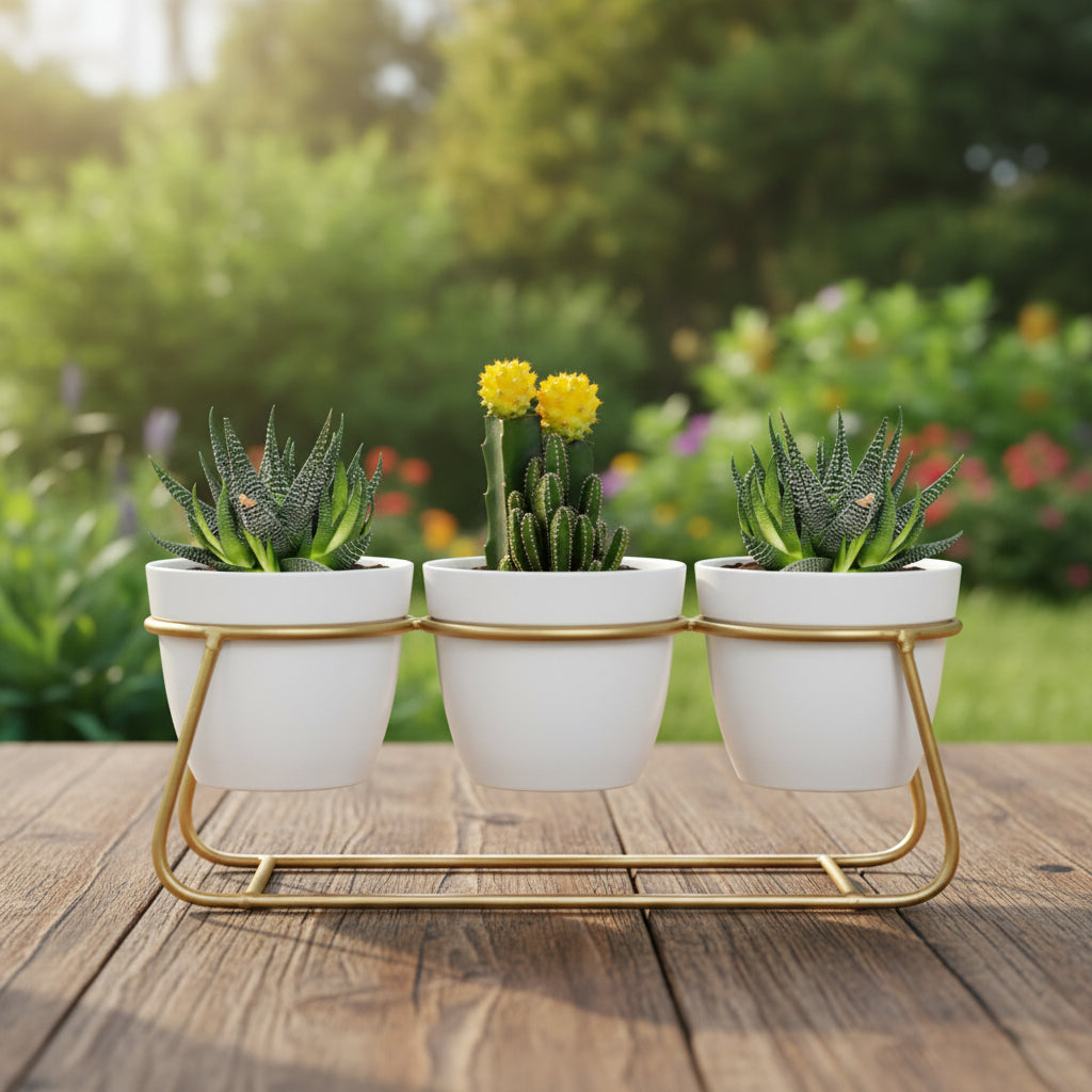 3-tier black indoor planters with gold metal stand-ArtyCraftz.com