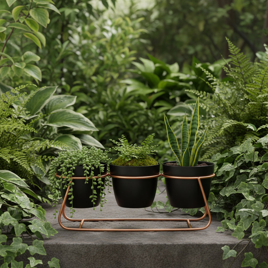 3-tier black indoor planters with gold metal stand-ArtyCraftz.com