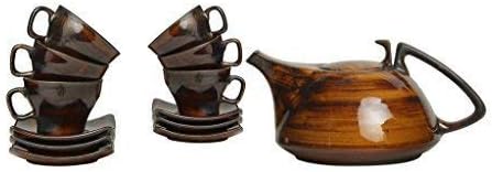 Ceramic Handmade Tea Set with Kettle Brown Timberland Printed Tea Set (Set of 15 pcs)