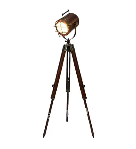 Vintage Industrial Tripod Floor Lamp Wood & Steel Spotlight Design