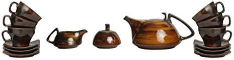 Ceramic Handmade Tea Set with Kettle Brown Timberland Printed Tea Set (Set of 15 pcs)