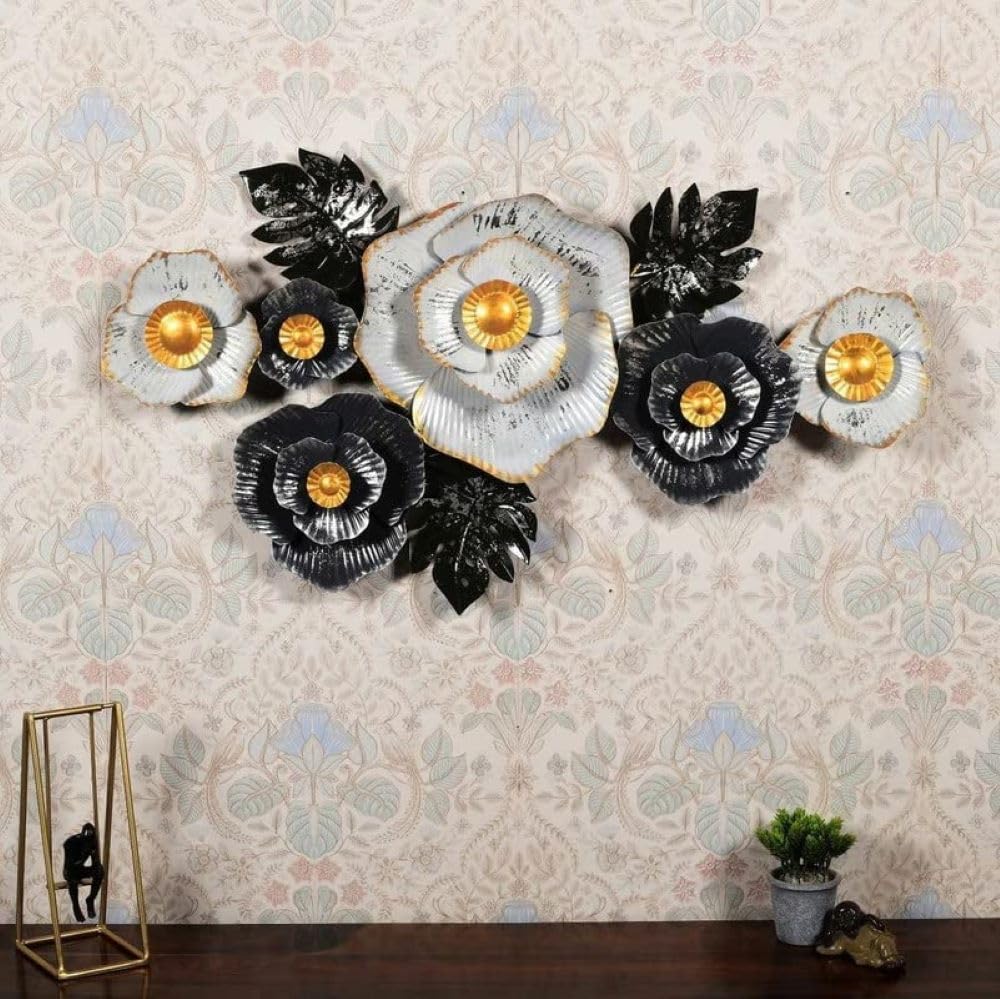 39 inch black and white metal floral wall art with gold flower centers-ArtyCraftz.com