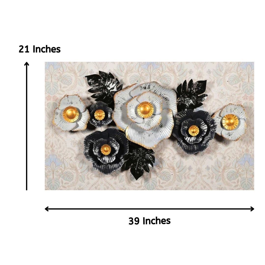 39 inch black and white metal floral wall art with gold flower centers-ArtyCraftz.com