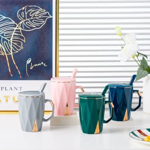 Coffee Tea Ceramic Mug Cup with Spoon and lid 420ml (Royal Blue) - ArtyCraftz.com