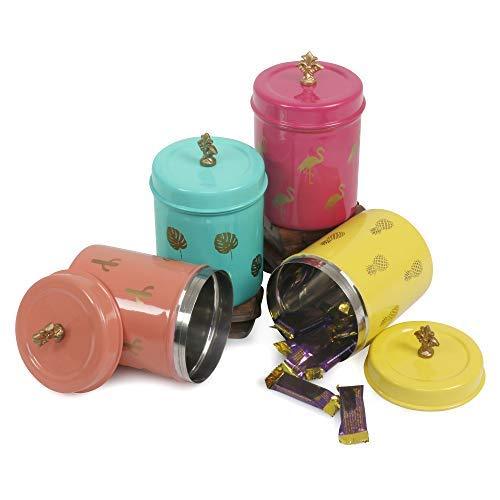 Set of colorful tin containers with decorative lids
