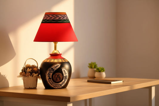 Madhubani Shimmers Hand-Painted Pot Shaped Round Terracotta Table Lamp-ArtyCraftz.com