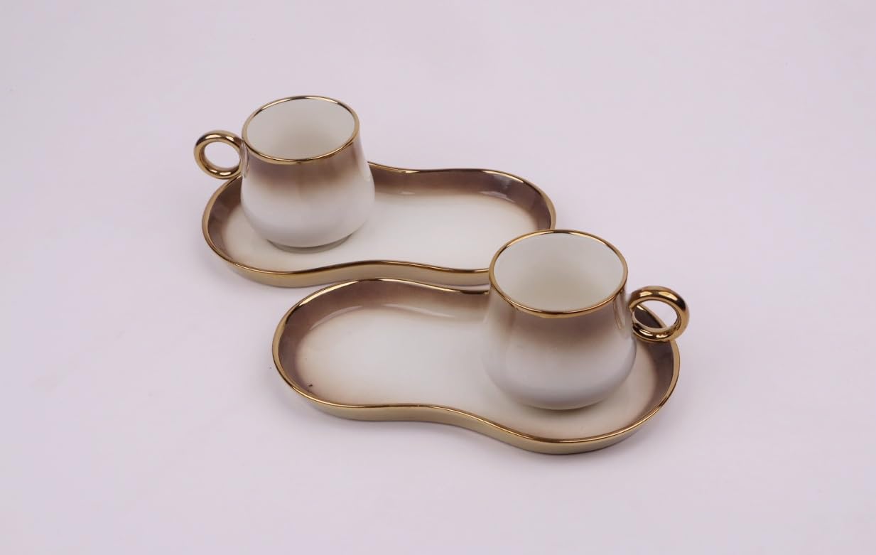 White & Gold Ceramic Tea Cup Set with Snack Trays