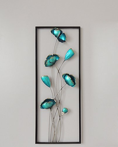 Turquoise Green Closed Flowers Metal Wall Decor with Frame 12"x36"