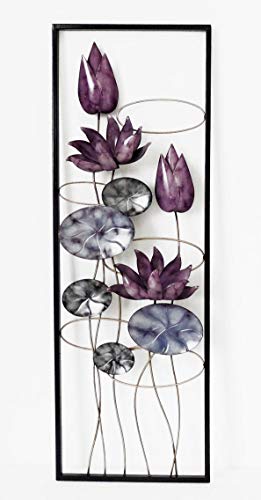 Purple Flowers Metal Wall Decor with Frame 12"x36"