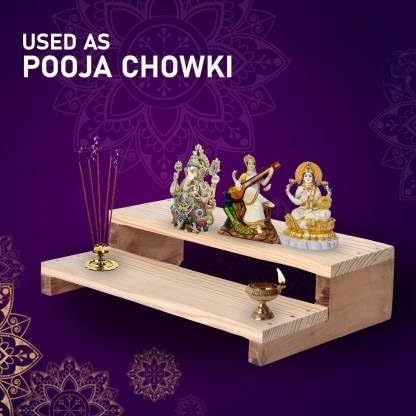 2 Step Mini Wooden Chowki for Mandir/Pooja with Hard Babool Wood Legs