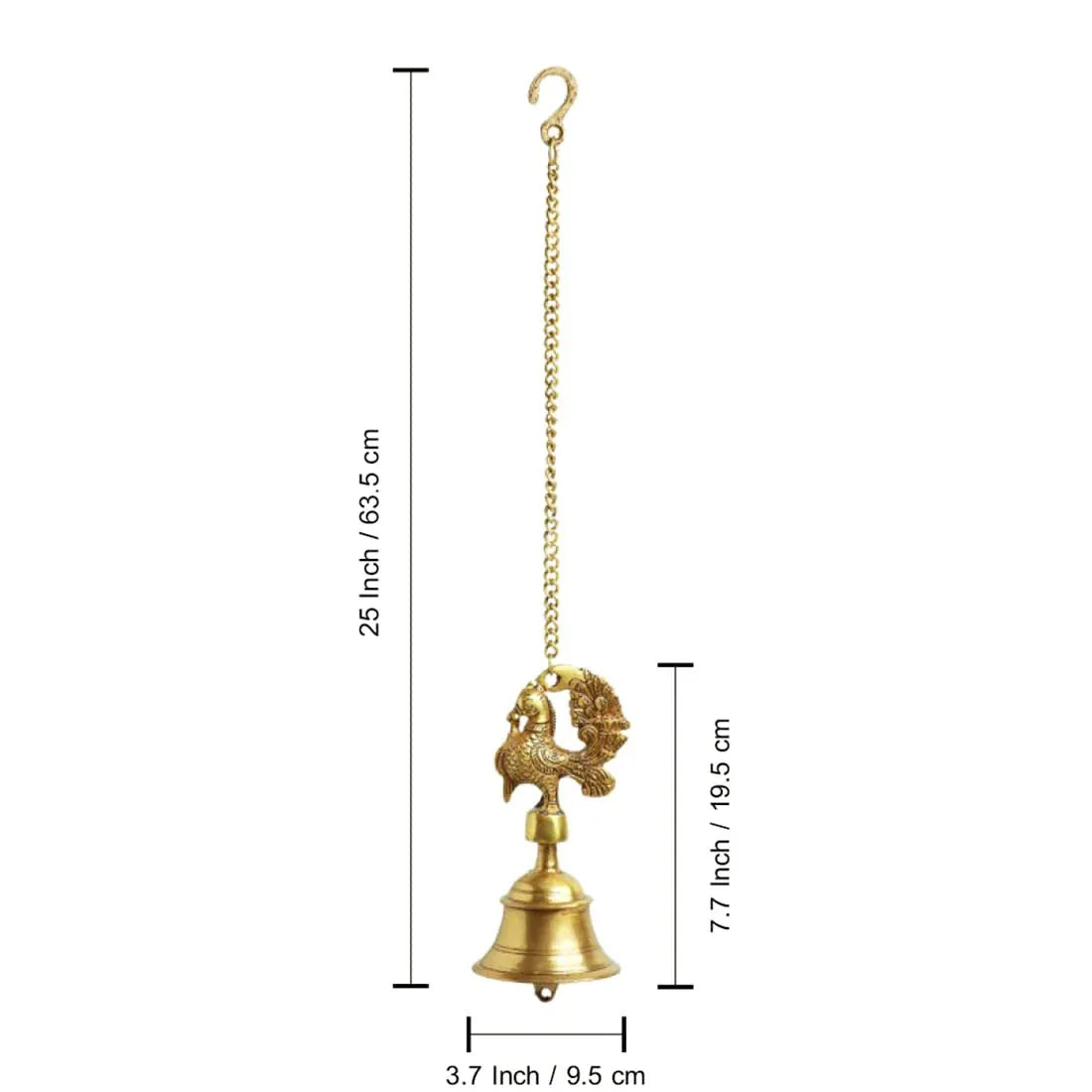 Brass bell with chain and measurements on a white background