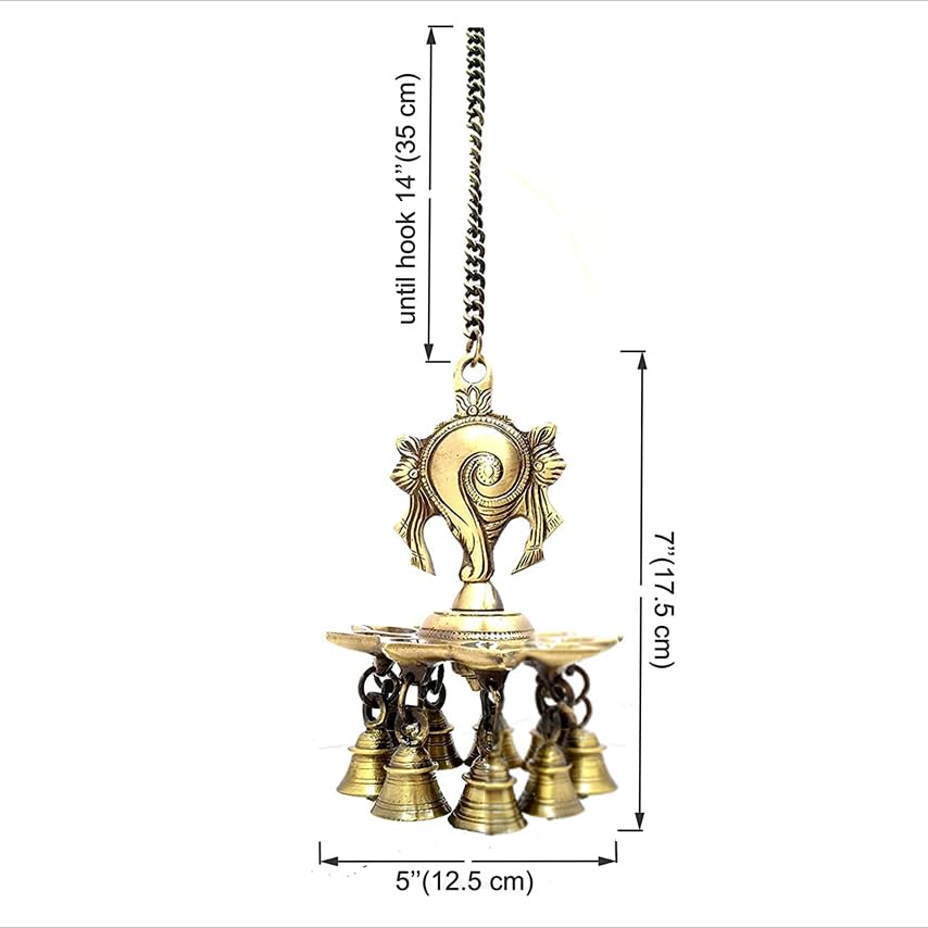 Brass Shankh hanging lamp with 9 wicks and bells for pooja room décor-ArtyCraftz.com