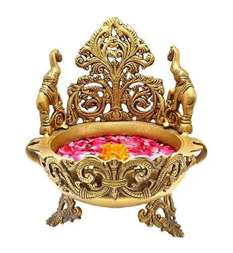 Brass Decorative Urli Bowl with Elephant & Peacock Design-ArtyCraftz.com