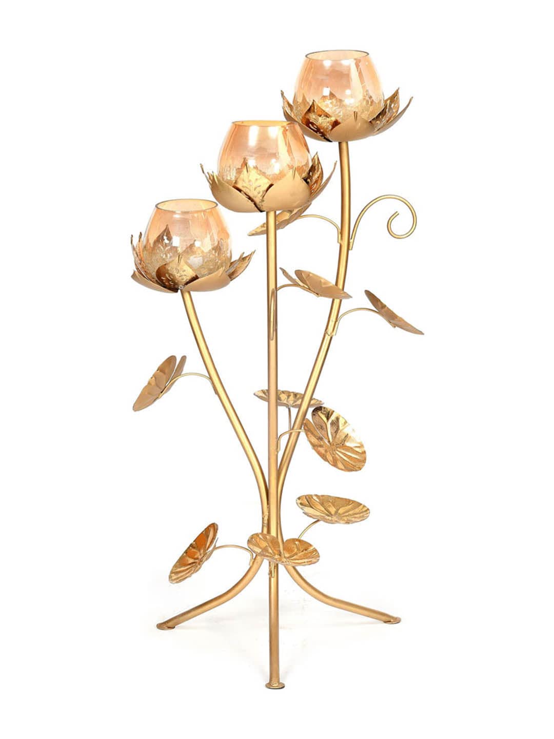 3 Lotus Floor Candle Stand Gold