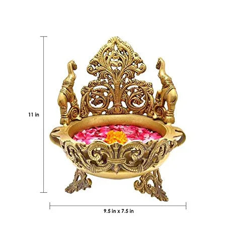 Brass Decorative Urli Bowl with Elephant & Peacock Design