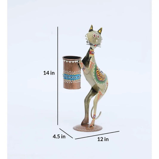Handcrafted Metal Multi Color Cat Pen Stand for Showpiece