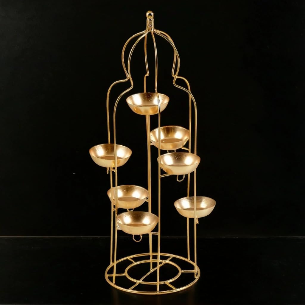 Gold metal lamp holder with multiple bowls on a black background