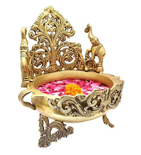 Brass Decorative Urli Bowl with Elephant & Peacock Design